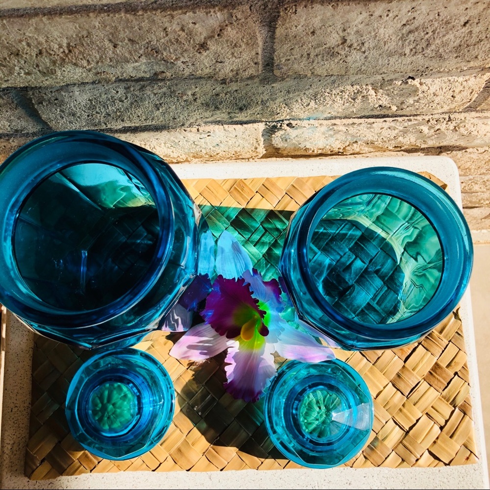 MCM VINTAGE L. E. SMITH BLUE GLASS CANISTER SET π - Picture 4 of 6